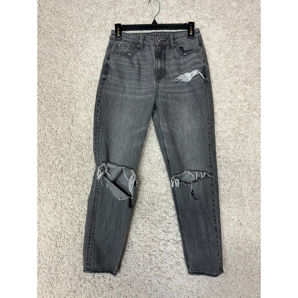 American Eagle Mom Jeans Womens 4 Gray Denim Holes Distressed Ripped Stretch